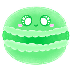 Cute Green Macaron Mascot Character Kawaii Cartoon illustration French Dessert Cute Dessert
