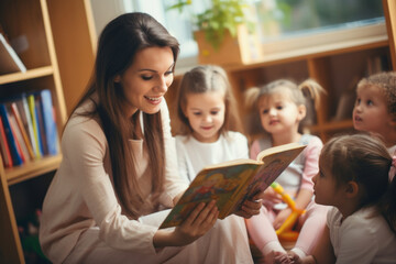 Beautiful professional female teacher of nursery school or kindergarten reading a book to a group of little learners. - obrazy, fototapety, plakaty