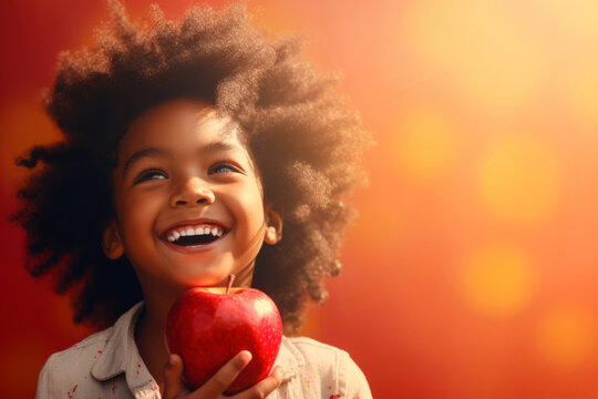 Cute toddler boy eating an apple in apple tree orchard in summer day. Child picking fruits in a garden. Fresh healthy food for kids. Family nutrition in summer.