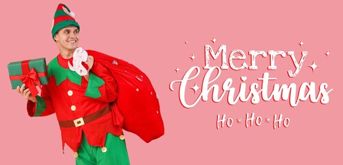 Handsome young man in elf's costume, with Santa bag and gift on pink background. Merry Christmas