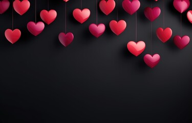 Hanging red hearts on black background