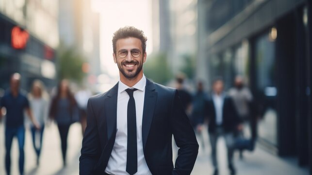 portrait of a handsome smiling Caucasian young businessman boss in a black suit walking on a city street to his company office. blurry street background, confident