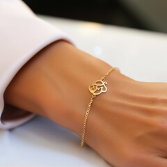 
Delicate personalized yellow gold bracelet with unique Arabic calligraphy. Delicate modeling. Gold jewelry, thin chain to wear on the wrist, minimalist style, simple and lightweight. - obrazy, fototapety, plakaty