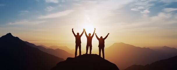 Celebrate victory and success over sunset background, Together overcoming obstacles as a group of three people raising hands up on the top of a mountain. - obrazy, fototapety, plakaty