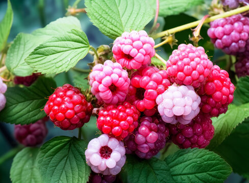 Raspberries and lilac on the bush, on a branch over trees, Fresh raspberries for sale in a garden. 