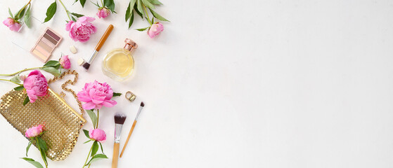 Composition with female accessories, cosmetics and beautiful peony flowers on light background with space for text