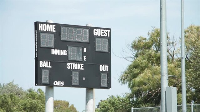 turned off baseball electronic digital scoreboard on posts in outfield with time home guest inning ball strike out with fence foul line in foreground, tight shot