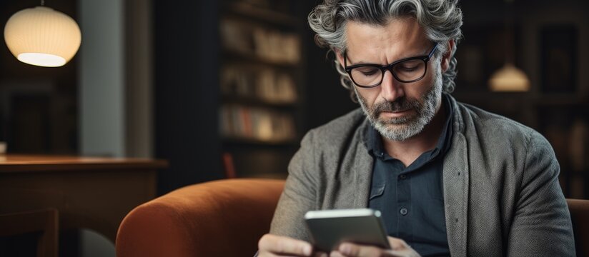Middle-aged man receiving sad news on the phone - Serious middle-aged man receiving sad news on phone. Concerned man reading news online looking at phone screen, Caucasian sitting on sofa at home - - Powered by Adobe