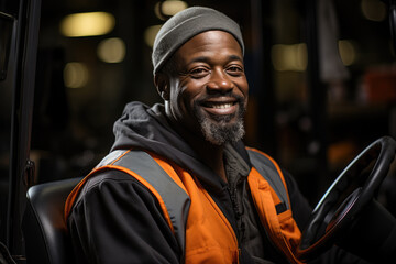 Senior african american sitting in forklift