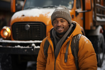Fototapeta premium Black male driver clears the truck from the snow