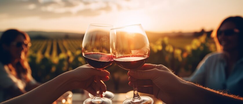 Blurred image of friends toasting wine in a vineyard in the daytime outdoors. Happy friends having fun outdoors in vineyard