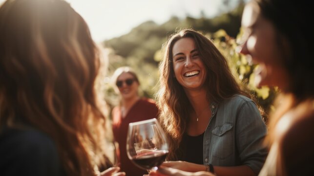 Blurred image of friends toasting wine in a vineyard in the daytime outdoors. Happy friends having fun outdoors in vineyard