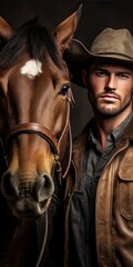 a handsome cowboy man wearing a cowboy hat next to a horse, generative AI