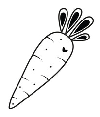 Cute carrot with a heart, love to root vegetables, black line vector illustration