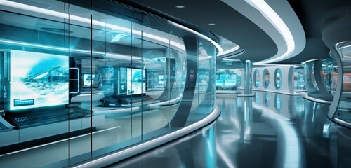 An office corridor with glass walls showcasing futuristic stock market trading pods.