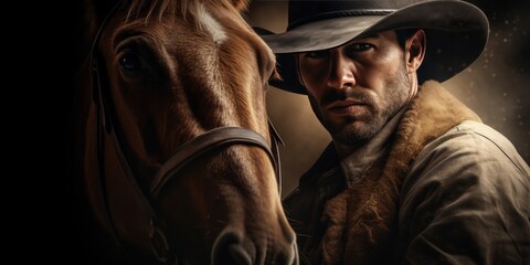 a handsome cowboy man wearing a cowboy hat next to a horse, generative AI