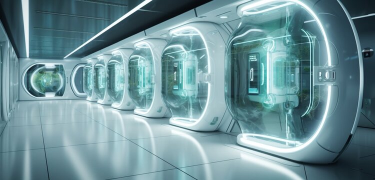 An office corridor with glass walls showcasing futuristic stock market trading pods.