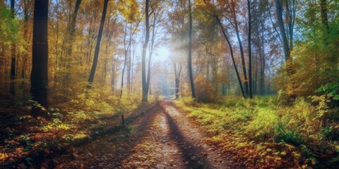 Obraz premium Yellow autumn mood in the forest , Nature change Yellow leaves in october season Sun