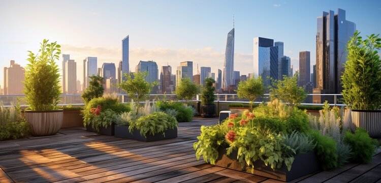 An office rooftop garden with a view of the city skyline and a subtle stock market ticker along the edge.