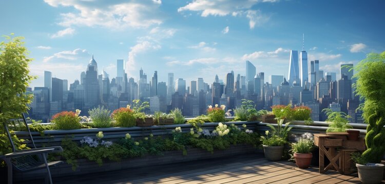 An office rooftop garden with a view of the city skyline and a subtle stock market ticker along the edge.