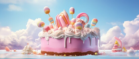 Fantasy candy land birthday cake with colorful sweets. Dreamy celebration dessert. - obrazy, fototapety, plakaty