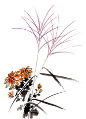 水墨画技法で描いたススキと菊