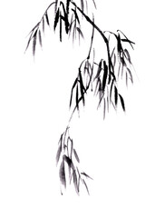 水墨画技法で描いた柳の枝