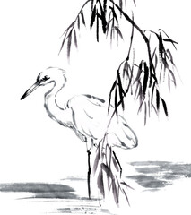 水墨画技法で描いた柳と白鷺