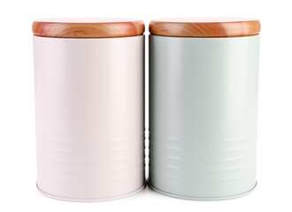 Kitchen jars with wooden lids isolated on white background