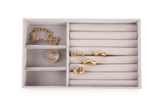 Organizer with stylish jewelry isolated on white background