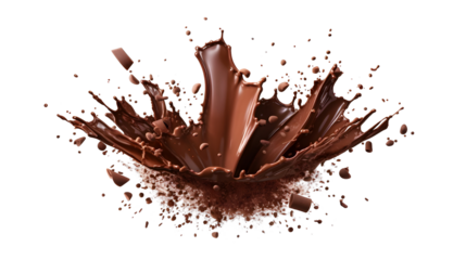 Melting chocolate burst explosion splash isolated on transparent background