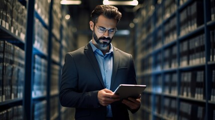 Futuristic Concept Data Center Chief Technology Officer Holding Laptop, Standing In Warehouse