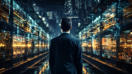 Futuristic Concept Data Center Chief Technology Officer Holding Laptop, Standing In Warehouse