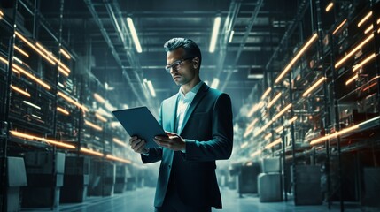 Futuristic Concept Data Center Chief Technology Officer Holding Laptop, Standing In Warehouse
