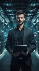 Futuristic Concept Data Center Chief Technology Officer Holding Laptop, Standing In Warehouse