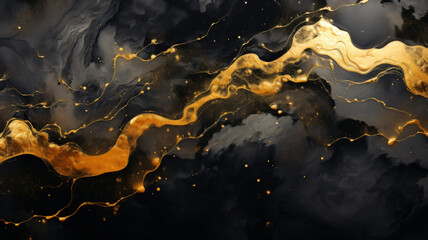 black background, marbled texture, abstract black and gold smooth glossy watercolor texture, background, wallpaper, website, header - obrazy, fototapety, plakaty