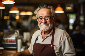 Confident senior man owner smiling and looking at camera