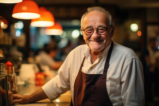 Bartender with red apron standing in bar