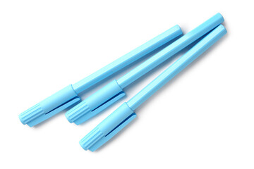 Blue pens on white background