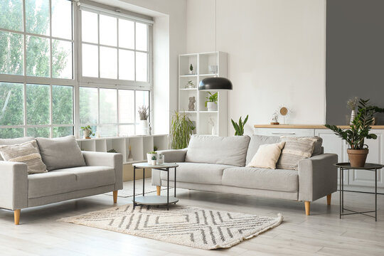 Interior of light living room with cozy grey sofas, coffee table and big window