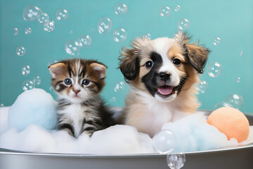 Cute Puppy and Playful Kitten Enjoying a Bubbly Bath on Blue Background