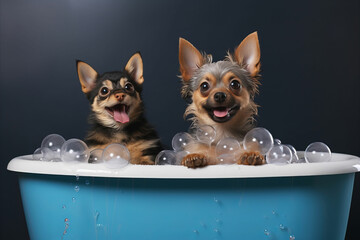 Entertaining and Charming Canine Duo Relishing in a Lively Bath Filled with Bubbly Soap Froth
