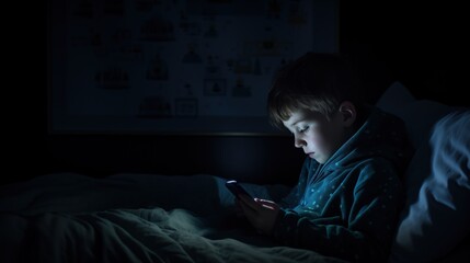 A young boy, draped in a starry night robe, is absorbed in his smartphone in a darkened bedroom, modern childhood and technology,  digital literacy, parenting in the digital age, device usage guide