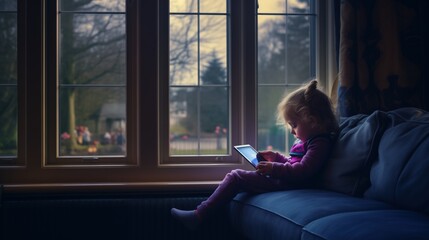 A young girl in a pink outfit is absorbed in a tablet by a window overlooking a garden, an embodiment of modern childhood where technology meets traditional play, educational apps, e-books, 