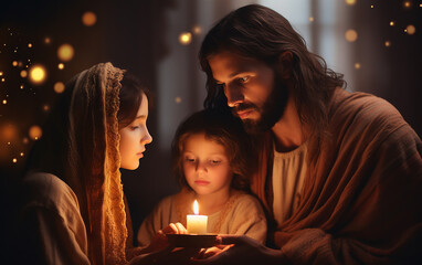 Obraz na płótnie Canvas Jesus cristo orando junto a família, fundo com luzes de natal 