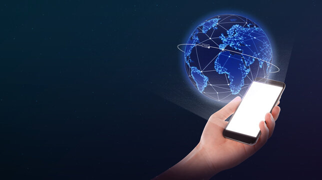 Global network. Man holding smartphone with digital image of Earth on dark blue background. Banner design with space for text
