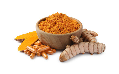 Bowl of aromatic turmeric powder, pills and raw roots isolated on white