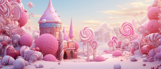 Candyland fantasy landscape with pink sugary structures and oversized sweets in dreamlike setting. Imaginative and whimsical background.