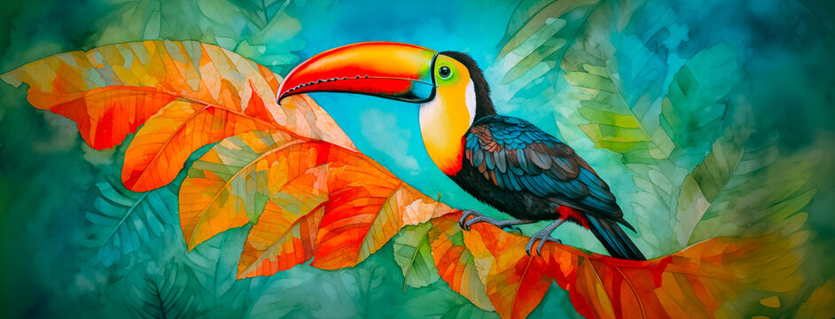 Trendy toucan bird art with tropical flowers and botanical foliage background. Colorful toco hornbill in paradise for vacation beach travel, cartoon exotic jungle, modern graphic resource by Vita