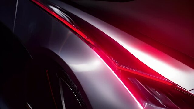 A close up of a stunning silver race car with a cherry red racing stripe down its side. Speed drive concept. .